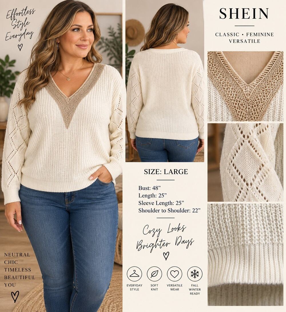 SHEIN Women’s L Cream Ivory Knit Sweater Gold V Neck Openwork Sleeve Pullover